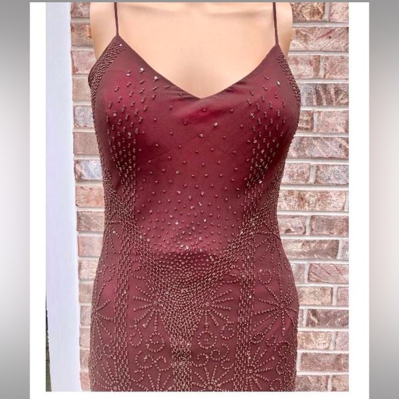 Goth Burgundy & Brown Beaded Overlay Prom Dress - Picture 7 of 8